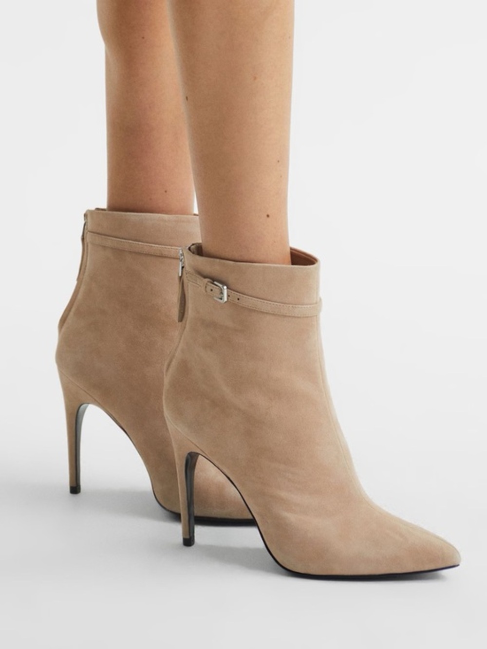 Reiss Ashton Pointed Toe Booties Stiletto Heel Suede Ankle Boots Tan